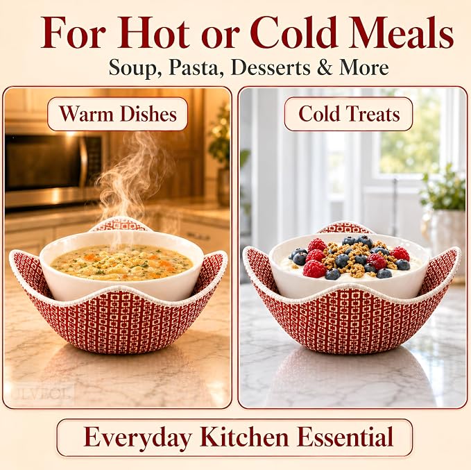Set of 2 Microwave Bowl 4x7x7 Inch Polyester Cloth Hot Pads with Red Pattern - Multipurpose Heat Resistant Plate Holders - Ramen Pot Cozy or Soup - Pot Holder Microwavable Bowl Cozies for Food