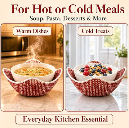 Set of 2 Microwave Bowl 4x7x7 Inch Polyester Cloth Hot Pads with Red Pattern - Multipurpose Heat Resistant Plate Holders - Ramen Pot Cozy or Soup - Pot Holder Microwavable Bowl Cozies for Food