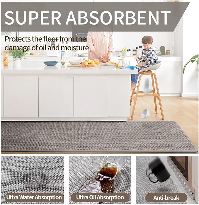 YDKGL Kitchen Mat Set of 2 PCS, Cushioned Non Slip Rugs for Kitchen Floor, Absorbent Runner Comfort Standing Mats Washable for Kitchen, Office, Home Grey 17x30+17x47