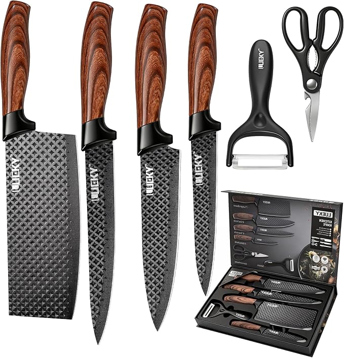 Knife Set, 6 Pieces Kitchen knife Set with Healthy Anti-Rust Coating, Stainless Steel Professional Chef Knife Sets with Elegant Box, Kitchen Knives with Scissors & Peeler for Cooking, Dishwasher Safe