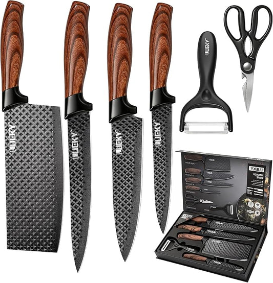 Knife Set, 6 Pieces Kitchen knife Set with Healthy Anti-Rust Coating, Stainless Steel Professional Chef Knife Sets with Elegant Box, Kitchen Knives with Scissors & Peeler for Cooking, Dishwasher Safe