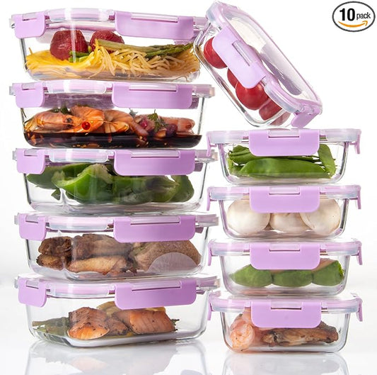 C CREST Airtight Food Storage Glass Containers with Locking Lids- 5 Large (32oz) and 5 Small (12oz), Leak-proof