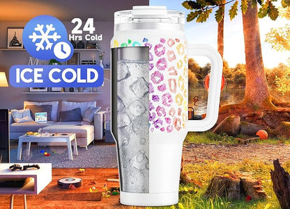 Meoky 32 oz Tumbler with Handle, Insulated Tumbler with Lid and Straw, Stainless Steel Travel Mug, Keeps Cold for 24 Hours, 100% Leak Proof, Fits in Car Cup Holder (Kiss)