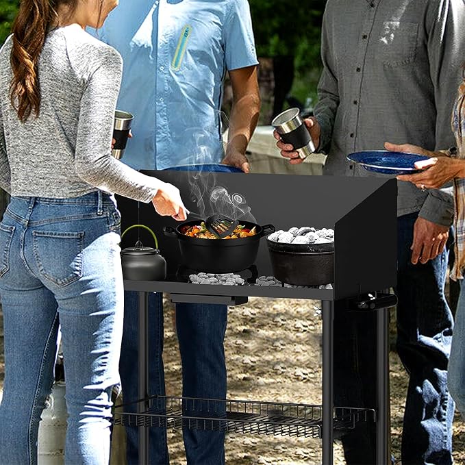 onlyfire Outdoor Camp Cooking Table for Dutch Ovens and Food Preparation, Collapsible Grill Table Camping Kitchen Station with Side Windscreen & Storage Basket for Backyard BBQ Picnic RV