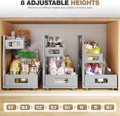 2 Pack 19IN-Depth Under Sink Organizer,Pull Out Cabinet Organizer With Smooth Cylindrical Rail,Metal Slide Out Drawer for Kitchen Bathroom Laundry,8-Level Tool Free Height Adjustable-Gun Gray
