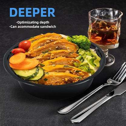 32oz Disposable Meal Prep Containers with Lids, 50 Pack (100 Pcs) Black Round Take Out Food Containers - Stackable Bento Boxes, BPA-Free, Microwave Safe, Bulk Lunch Containers