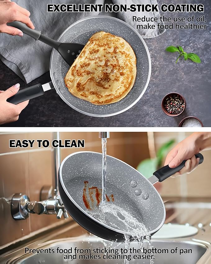 Cook N Home Professional Induction Compatible Marble Nonstick Cookware Set, Pots and Pans Set Includes Saucepans with Lid, Stockpot with Lid, Frying Pans, Heavy Nonstick, 8-Piece, Black/marble