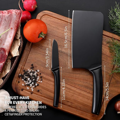 SHI BA ZI ZUO Chopping Knife and Fruit Knife,Black Ti Coating Kitchen Knife Set Meat Bone Chopper Meat knives Paring knives with Anti-Slip Hollow Handle