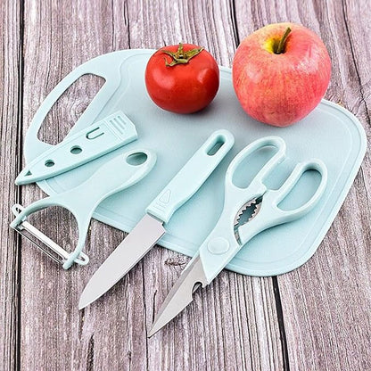 Magicorange Travel Cutting Board Set, 4 Pcs Portable Mini Camping Plastic Cutting Board Set & Stainless Steel Knife with Sheath, Fruits & Vegetable Peeler Scissors (Blue) (Pack of 2)