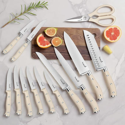 KUISINE Upgraded Knife Set High Carbon Stainless Steel Ultra Sharp Blade Ergonomic Handle,Knife Block Set with Built-in Sharpener(Ivory Acacia,15PCS)