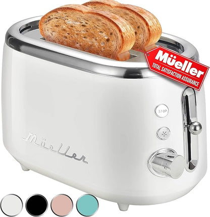 MUELLER HOME Retro Toaster 2 Slice, 7 Browning Levels, 3 Functions (Reheat, Defrost, Cancel), Stainless Steel Features, Removable Crumb Tray, Under Base Cord Storage, White Toaster Kitchen Appliances