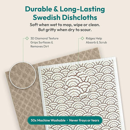 FEBU Swedish Dishcloths for Kitchen | 5 Pack Stamps Reusable Paper Towels Washable | Swedish Dish Towels | Non-Scratch Cellulose Sponge Cloths | No Odor, Biodegradable Cleaning Cloths