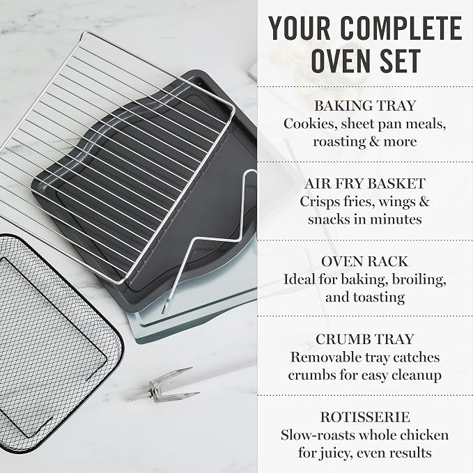 Martha Stewart French Door Air Fryer Toaster Oven Combo, 34QT Countertop Convection, 12-in-1, Bake, Broil, Roast, Fits 12” Pizza, Dehydrate, 5 Accessories, Air Fry Basket, Stainless Steel, Caviar Gray