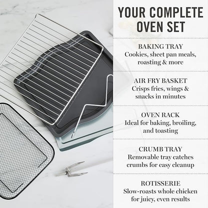 Martha Stewart French Door Air Fryer Toaster Oven Combo, 34QT Countertop Convection, 12-in-1, Bake, Broil, Roast, Fits 12” Pizza, Dehydrate, 5 Accessories, Air Fry Basket, Stainless Steel, Indigo Blue