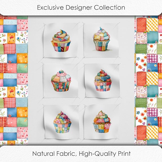 Patchwork Cupcake Fabric Panel – Single Continuous Cotton Satin Panel with 6 Printed Squares 9.8” x 9.8” and Bonus Patchwork Area – 100% Cotton for Quilting & Sewing