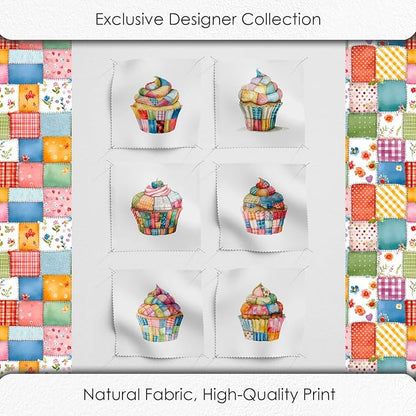Patchwork Cupcake Fabric Panel – Single Continuous Cotton Satin Panel with 6 Printed Squares 9.8” x 9.8” and Bonus Patchwork Area – 100% Cotton for Quilting & Sewing