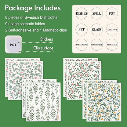 Eulnars Swedish Dishcloths for Kitchen, 8 Pack Green Reusable Paper Towels with Clips, Non-Scratch Swedish Kitchen Towels, Super Absorbent Cellulose Sponge Cloths, Dishwasher Safe, No Odor