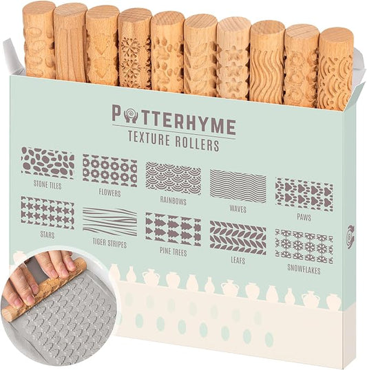 10pcs Wooden Clay Texture Rollers Set for Pottery & Ceramics - Potters Stamp Roller Tools for Ceramic Slabs - Textured Rolling Pins for Modeling, Painting & Glaze Design - 5 x 0.63 inch