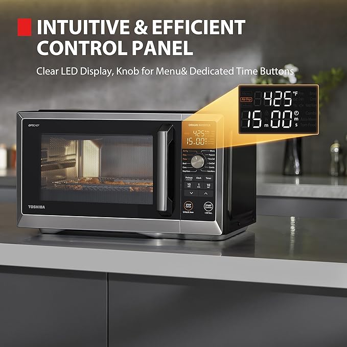 TOSHIBA Optichef Pro Air Fryer Combo Countertop Microwave Oven with Origin Inverter, ChefDefrost, 1.0 Cu.ft., 1000W, Black Stainless Steel, ML2-EC10SAITC(BS)