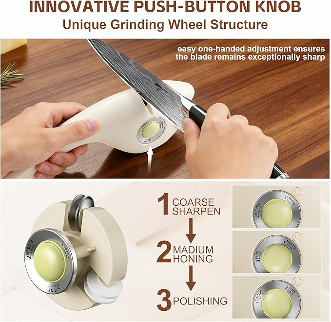 MAD SHARK 1-Button 3-Stage Knife Sharpener - Adjustable Diamond & Ceramic, No-Scratch ABS Body for All Kitchen/Pocket Knives,Repairs, Sharpens & Polishes,One-Handed Operation with Non-Slip Base