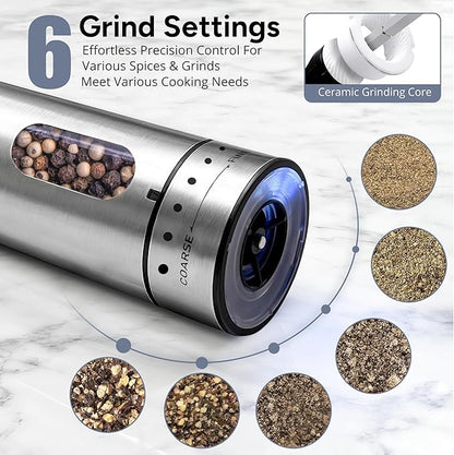 Rechargeable Electric Salt and Pepper Grinder Set - Mess-Free External Adjustable Coarseness, Stainless Steel Automatic Pepper Mill and Salt Grinder with Storage Base, Large Capacity, LED Light, USB-C