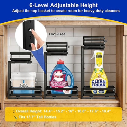 Under Sink Organizer, Dual-Rail Ball-Bearing, Under Kitchen Sink Organizer, 6-Level Adjustable, Under Cabinet Organizer, No-Drill Adhesive/Suction, Under Sink Storage (Black, Double Layer - 1 Pack)
