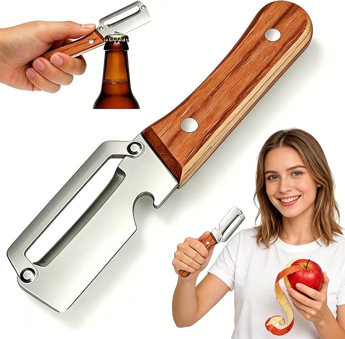 Premium Multifunctional Vegetable Peeler–Zero-Snag Stainless Steel Blade, Ergonomic Wooden Handle Built-in Bottle Opener for Kitchen,Camping | Effortless Peeling for Potatoe, Carrot, Apple&More