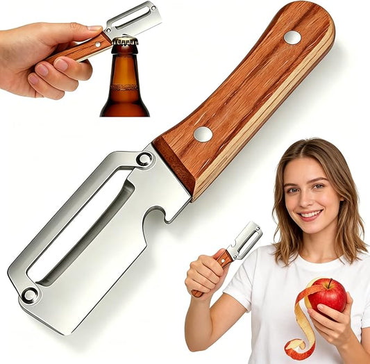 Premium Multifunctional Vegetable Peeler–Zero-Snag Stainless Steel Blade, Ergonomic Wooden Handle Built-in Bottle Opener for Kitchen,Camping | Effortless Peeling for Potatoe, Carrot, Apple&More