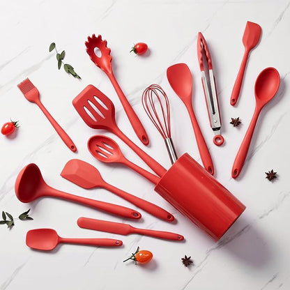 LIANYU 14 Pcs Cooking Utensils Set with Holder, Heat Resistant Silicone Kitchen Cookware Utensils Set, Kitchen Cooking Tools Includes Spatula Spoon Turner Whisk Tong, Dishwasher safe, Red