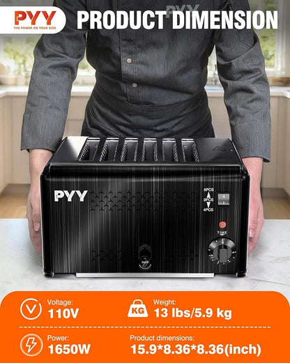 PYY Professional Commercial 6 Slice Toaster - 1800W Stainless Steel Heavy Duty Toaster, 6 Browning Levels, 1.1" Wide Slots, Removable Crumb Tray for Bagels Bread Waffles (Commercial & Home Use), Black