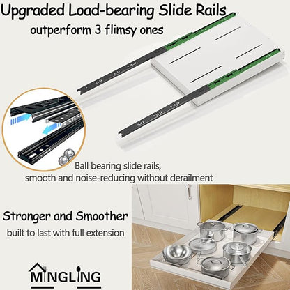 Mingling 2 Pack Pull Out Cabinet Organizer, Carbon Steel Heavy Duty Slide Out Drawer, 21" Deep White Adhesive Pull Out Drawers for Cabinets, Roll Out Shelves for Kitchen Organization, Pantry, Bathroom