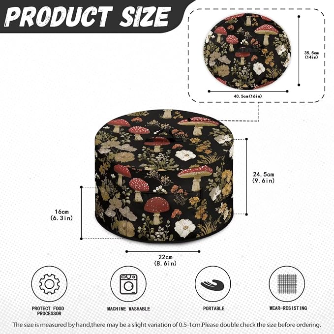 Vintage Mushroom Floral Slow Cooker Dust Cover Compatible with 6-8 qt Crock for Pot Small Kitchen Appliance Decor Dust Cover with Top Handle and Pocket