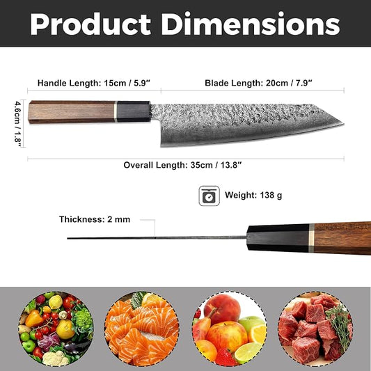 Kitory 8'' Kiritsuke Chef Knife, Lightweight Japanese Kitchen Knife with Octagonal Ebony Wood Handle, Black Stonewashed High-Carbon Stainless Steel Blade, Anti-Rust and Durable Sharp Cooking Knife