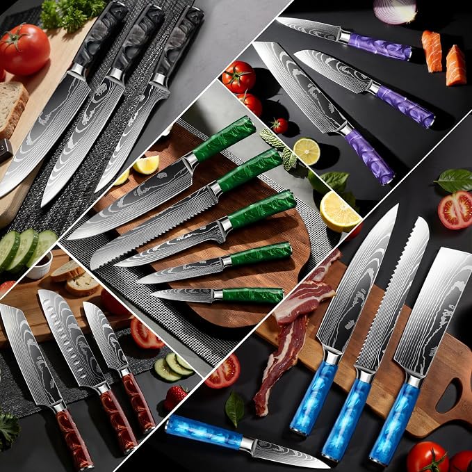 8-Piece Premium Japanese Kitchen Knife Set - Star Collection, Laser Damascus Pattern, 440A Stainless Steel Ultra Sharp for Fast Cutting (Green 8J)