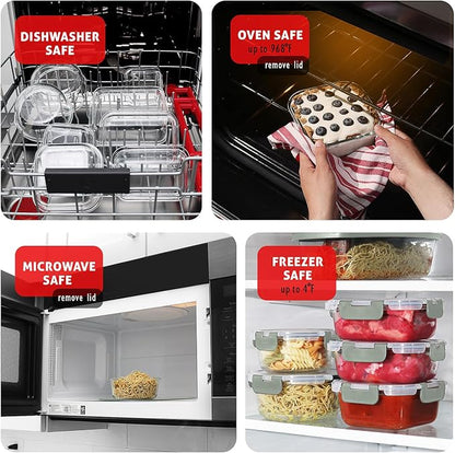 EATEX 24pc Glass Storage Containers with Lids, 12 Glass Food Storage Containers with 12 Airtight Lids for Pantry & Kitchen, Meal Prep Containers for Lunch, Oven Freezer Microwave & Dishwasher Safe