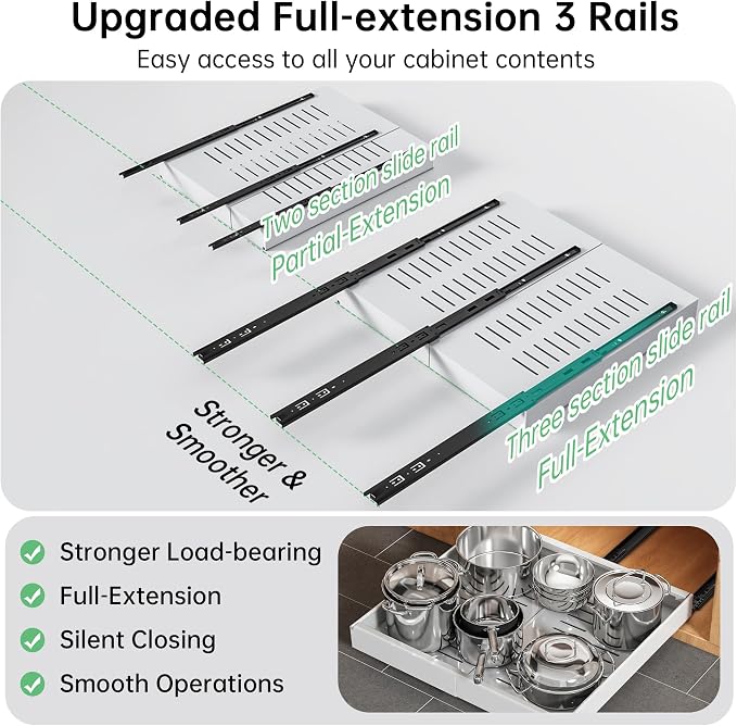 Pull out Cabinet Organizer, 2 pack, 16.5" Deep Heavy Slide out Drawers, Upgrade Three Triple-Slide Rail Systems, Expandable 12.8"-20.8" Roll out Shelf Storage for Kitchen Base Cabinet Organization