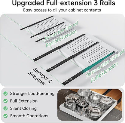 Pull out Cabinet Organizer, 1 pack, 16.5" Deep Heavy Slide out Drawers, Upgrade Three Triple-Slide Rail Systems, Expandable 12.8"-20.8" Roll out Shelf Storage for Kitchen Base Cabinet Organization