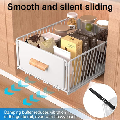 MEKOTRICIN Pull Out Cabinet Organizer, Slide Out Drawer Organizers Storage Fixed with Adhesive,Sliding Pantry Shelves with Handle for Kitchen Cupboard Bathroom Home, 11.8x6.7in, White