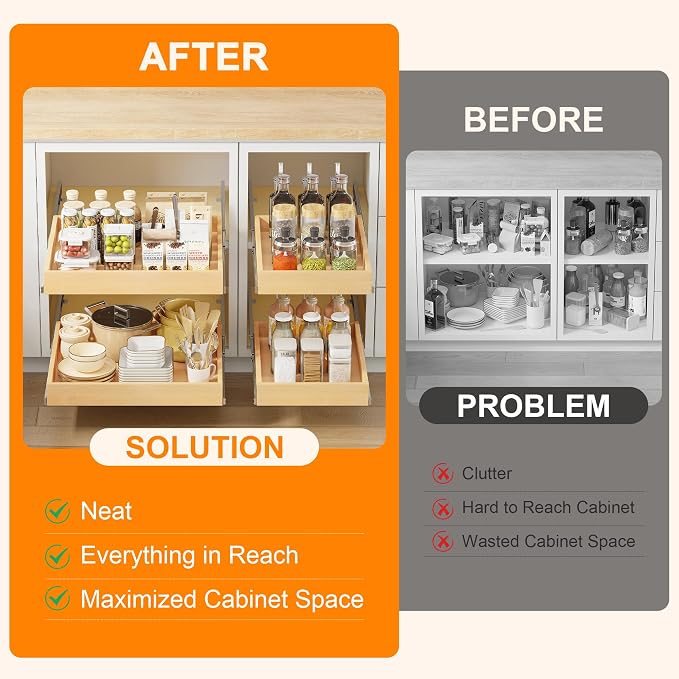 Pull Out Cabinet Organizer, 29" W x 21" D Soft Close Pull Out Drawers for Cabinets with Heavy Duty Slides, Wood Slide Out Drawers for Kitchen Cabinets