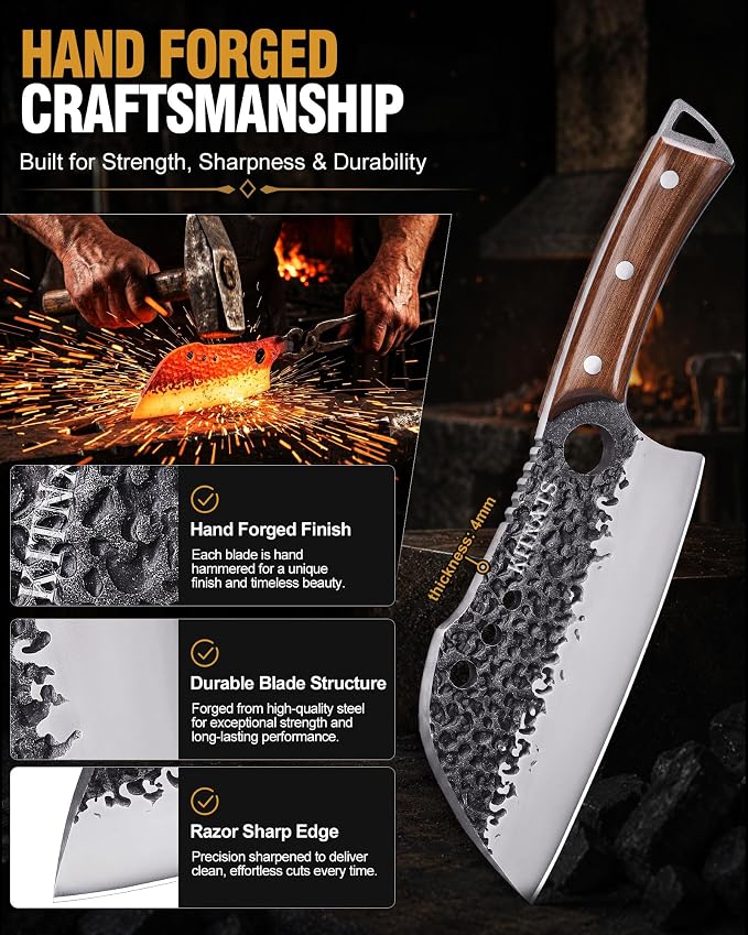 KITNATS Butcher Knife Set, 4PCS Hand Forged Kitchen Knives, Heavy Duty Meat Cleaver, Serbian Chef, Boning & BBQ Knife with Ergonomic Handle for Meat Cutting, Gift for Men Women