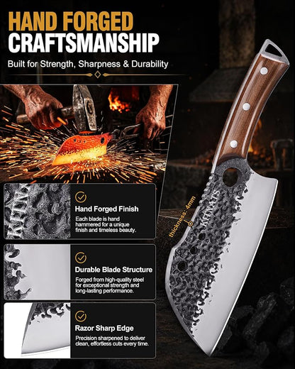 KITNATS Butcher Knife Set, 4PCS Hand Forged Kitchen Knives, Heavy Duty Meat Cleaver, Serbian Chef, Boning & BBQ Knife with Ergonomic Handle for Meat Cutting, Gift for Men Women