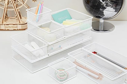 Annova Mesh Stackable Drawer Cabinet and Shelf Organizer Bins Storage Basket School Office Supply Holder Tray- Set of 2 (White, 3x12x2 Inch)