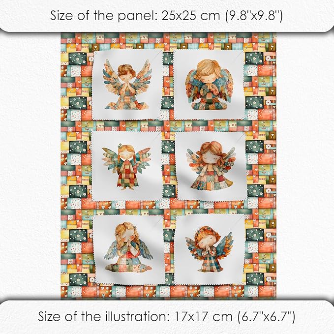 ‍ Patchwork Angel Cotton Fabric Panel – 6 Designs (10×10 inch Each) + Bonus Sheet 29.5×19.6 inch, 100% Cotton 140 GSM, Made in Türkiye