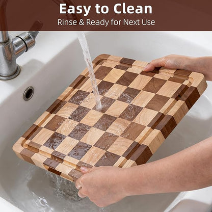 Checkered Cutting Board, Square Wooden Checkerboard Cutting Board for Kitchen 12 x 12 x 1", Rubber Wood Butcher Block Chopping Board with Juice Grooves & Handles for Meat, Vegetables & Cheese