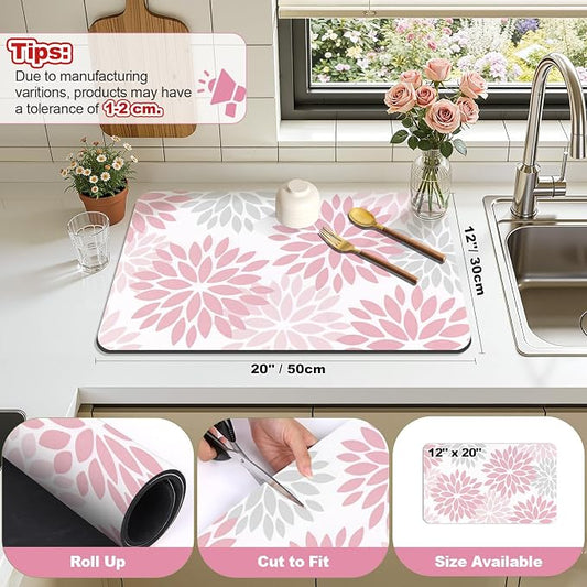 Findosom Floral Dish Drying Mat, 12" x 20" Super Absorbent & Hide Stain Coffee Mat, Cuttable Drying Mat for Kitchen Counter, Under Dish Rack, Coffee Maker, Espresso Machine, Pink
