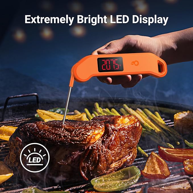 Professional Digital Meat Thermometer, 1 Sec Instant Read, ±0.5℉ Accuracy NIST&NSF Certified Food Thermometer, Auto-Rotate Bright LED Screen, Waterproof Cooking Thermometer for Grill BBQ, Orange