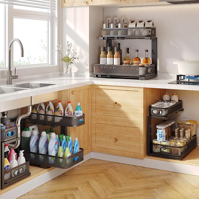 2 Pack 17.3IN-Depth Under Sink Organizer with Smooth Cylindrical Rail,2-Tier Pull Out Multi-Purpose Cabinet Storage for Bathroom&Kitchen,Height Adjustable,Rust-Resistant Coating-Black