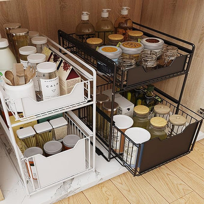 IDEALHOUSE 2-Tier Pull Out Cabinet Organizer, Heavy Duty Slide Out Pantry Shelves Drawer Storage Fixed with Adhesive Film, Sliding Mesh Cabinet Basket for Kitchen Bathroom Home, White