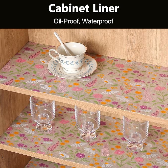 INNOLITES Shelf Liner for Kitchen Cabinets, Non-Adhesive Drawer Liner, Waterproof Washable EVA Floral Pattern, Protect Dresser Cupboard Refrigerator Shelves (Sage Wildflower, 11.8" x 360")