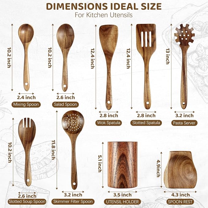 Wooden Spoons for Cooking - 10 Piece Natural Teak Wood Kitchen Utensil Set, Wooden Spoons Set with Holder, Spoon Rest & Hooks, Wooden Spatula Set with 7 metal hooks